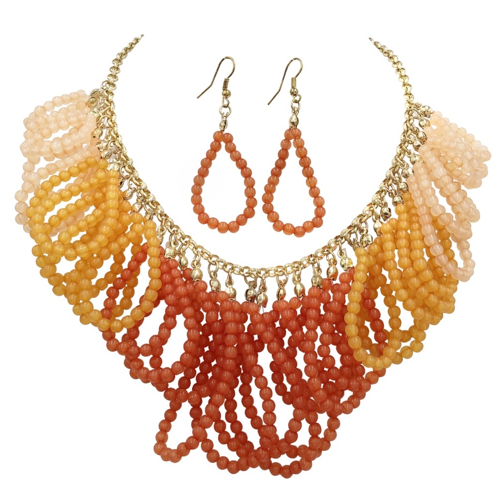 Orange Ombré Bead Loop Chunky Necklace Earring Set